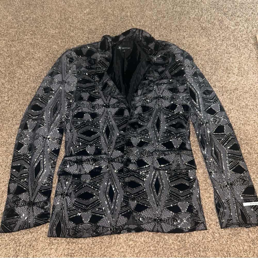 INC International Concepts Black and Silver Patterned Blazer Bling size XS